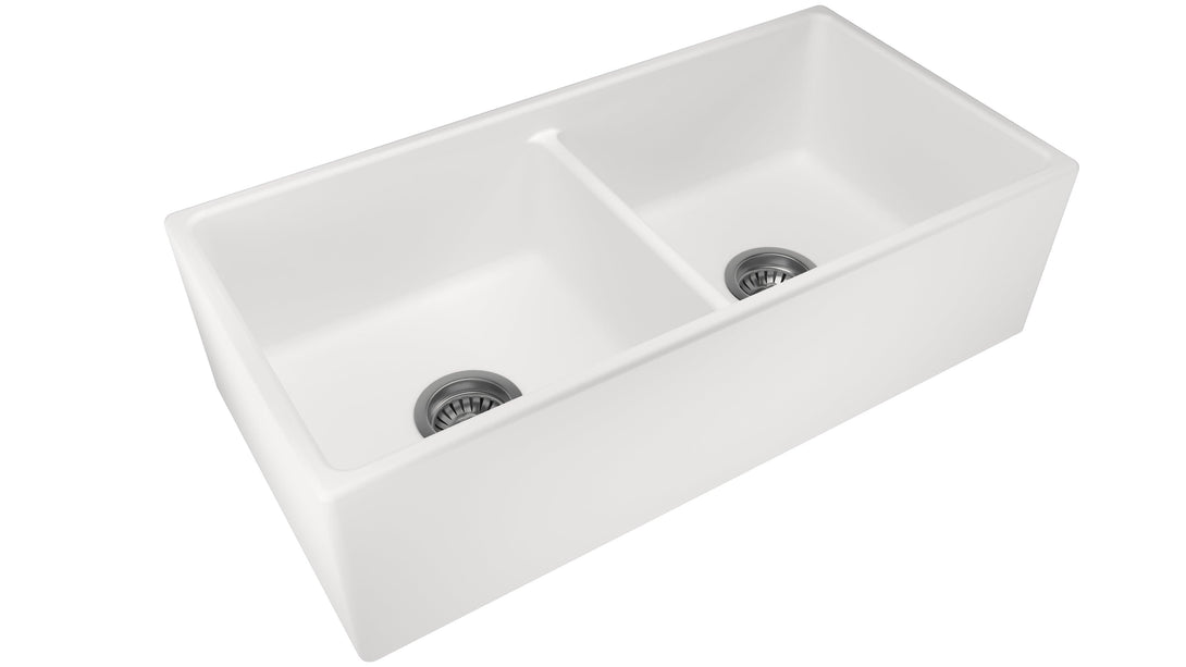 36" Fine Fireclay Apron Front Farmhouse Workstation Reversible Double Bowl 50/50 with Ledge Kitchen Sink in Glossy White - BURLY FINE FIRECLAY SINKS