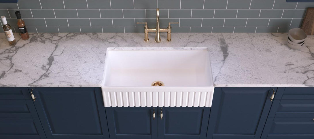 33" Fine Fireclay Apron Front Farmhouse Single Bowl Kitchen Sink in Gloss White - Reversible | BS331810SBR - BURLY FINE FIRECLAY SINKS